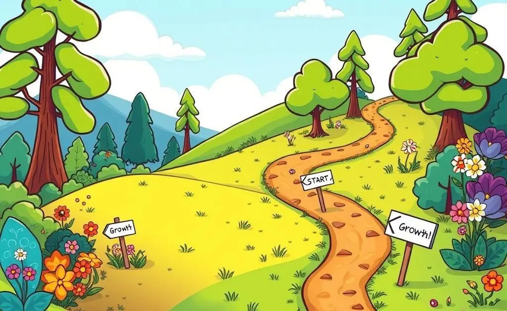 A cartoon showing a winding path representing an investment journey.
