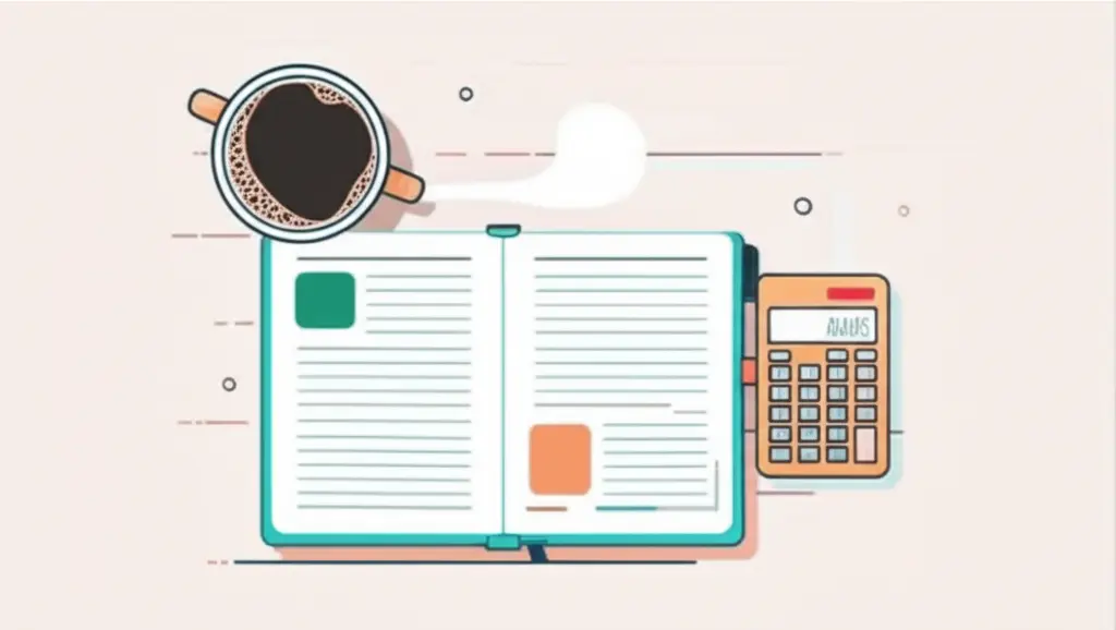 Cartoon image of a budgeting notebook with coffee and a calculator.