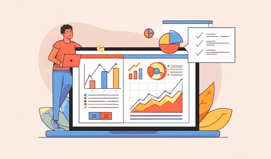 Illustration of a person analyzing financial data on a laptop