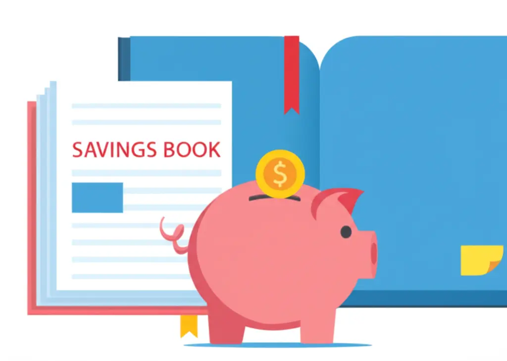 A cartoon-style hand-drawn piggy bank overflowing with coins, set against a backdrop of a large savings book.
