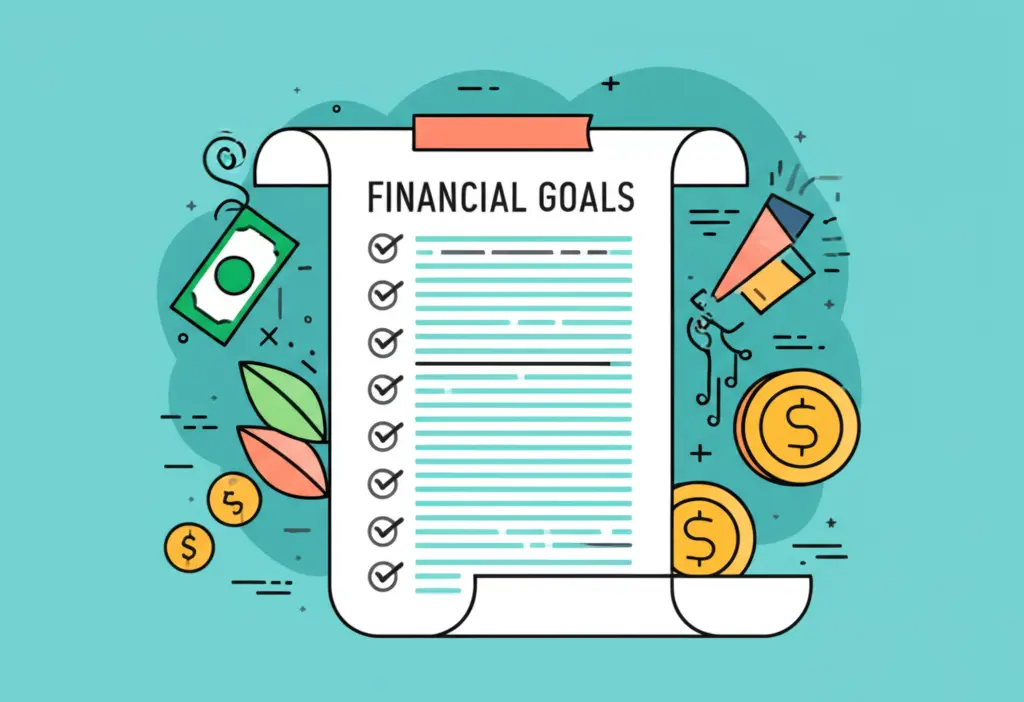 A checklist titled 'Financial Goals' with checkmarks next to small achievements