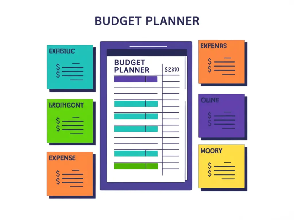 An illustration of a budget planner with various expense categories and colorful notes.