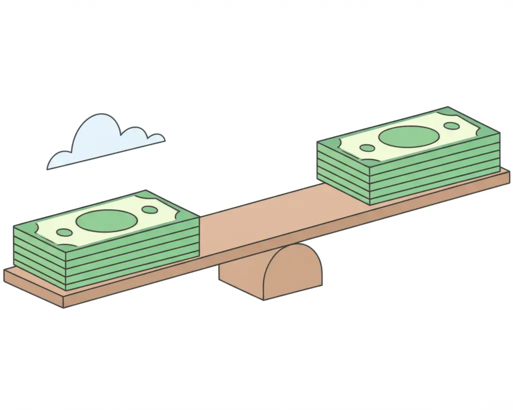 A minimalist illustration showing a seesaw balancing between money and peace of mind.