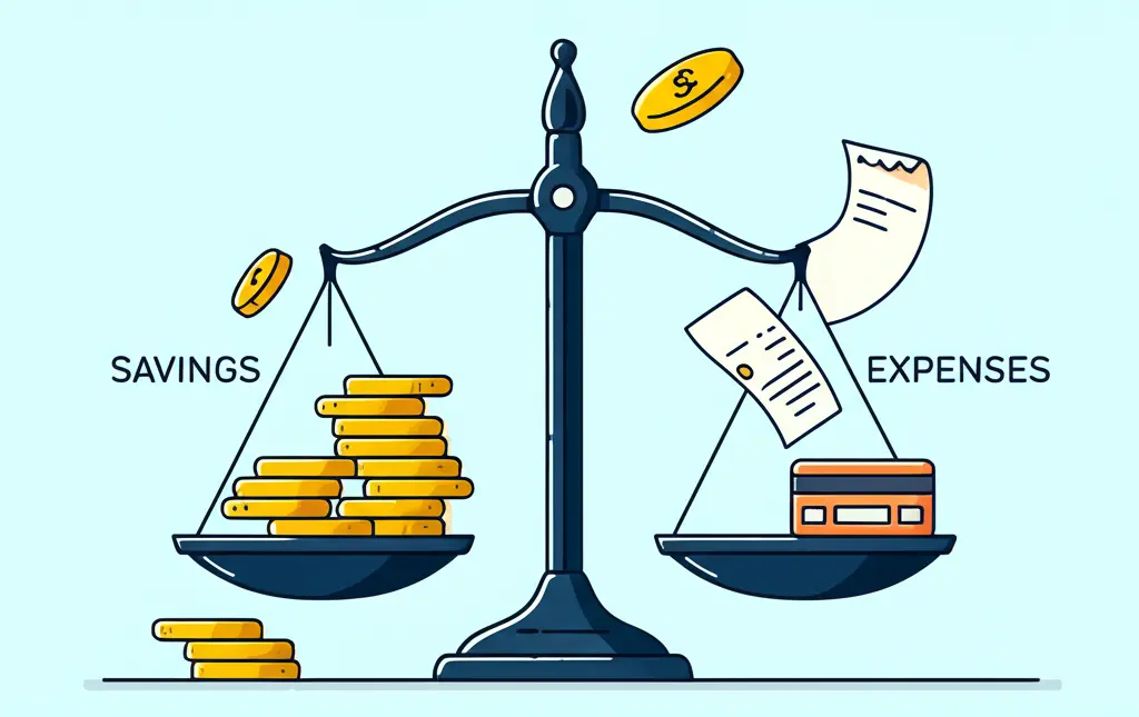Hand-drawn illustration of a balance scale showing savings and expenses.