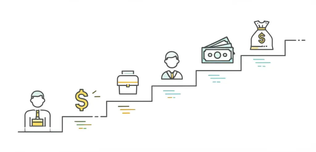 A minimalist illustration of a career ladder with different financial role symbols at each step.