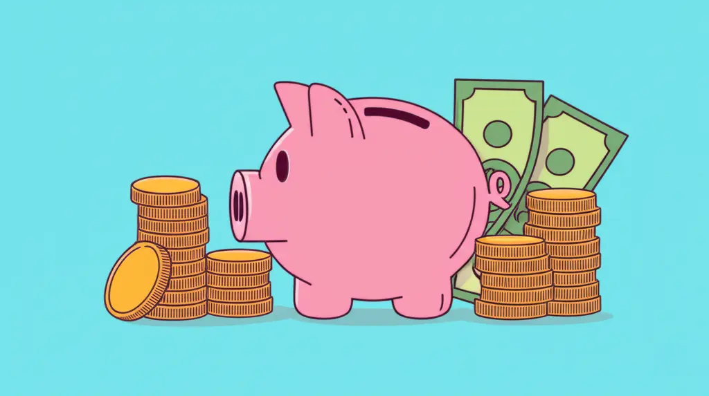 Stacks of coins with a piggy bank