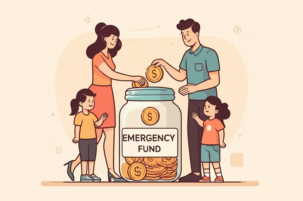 Illustration of a happy family saving money in a jar labeled 'Emergency Fund'