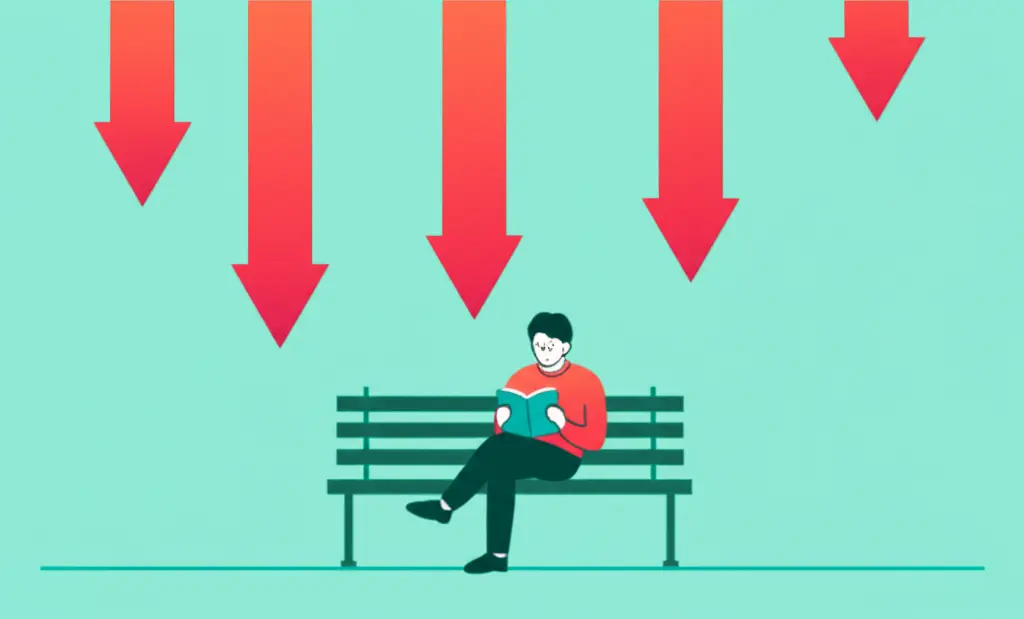 A person reading a book about investments with stock arrows overhead