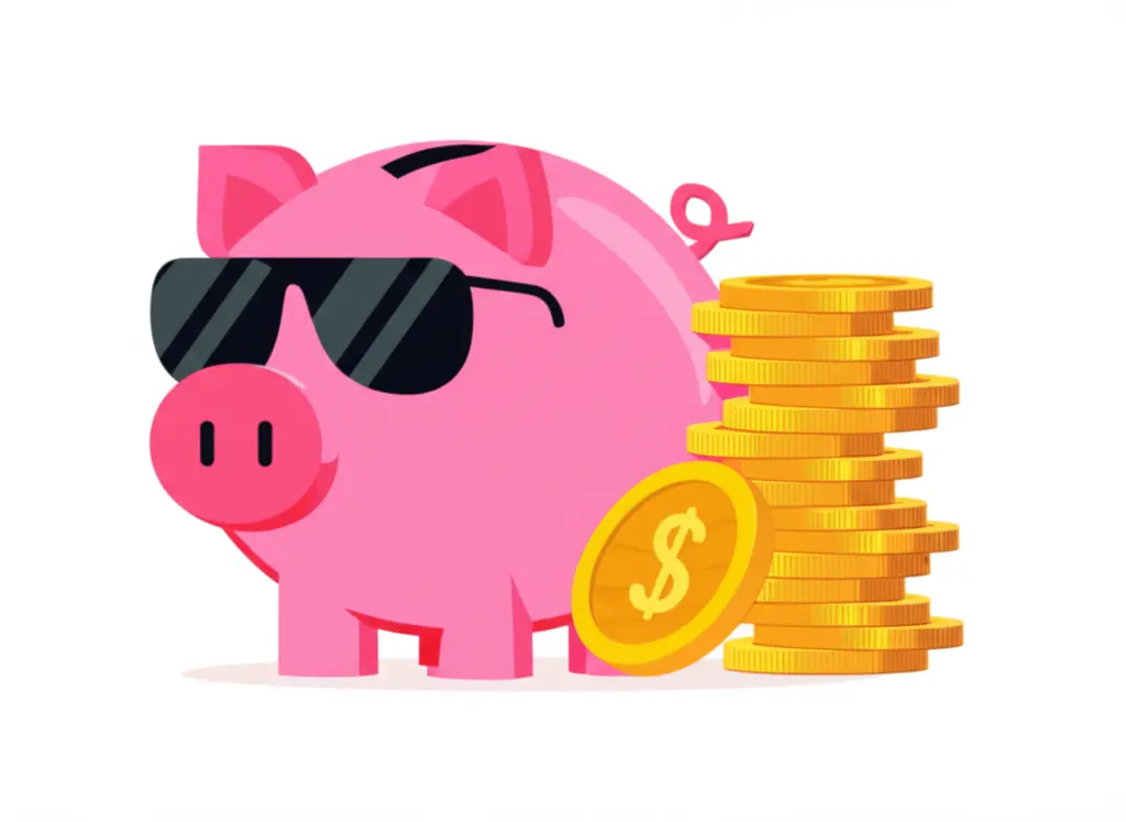 Piggy bank with sunglasses and coins