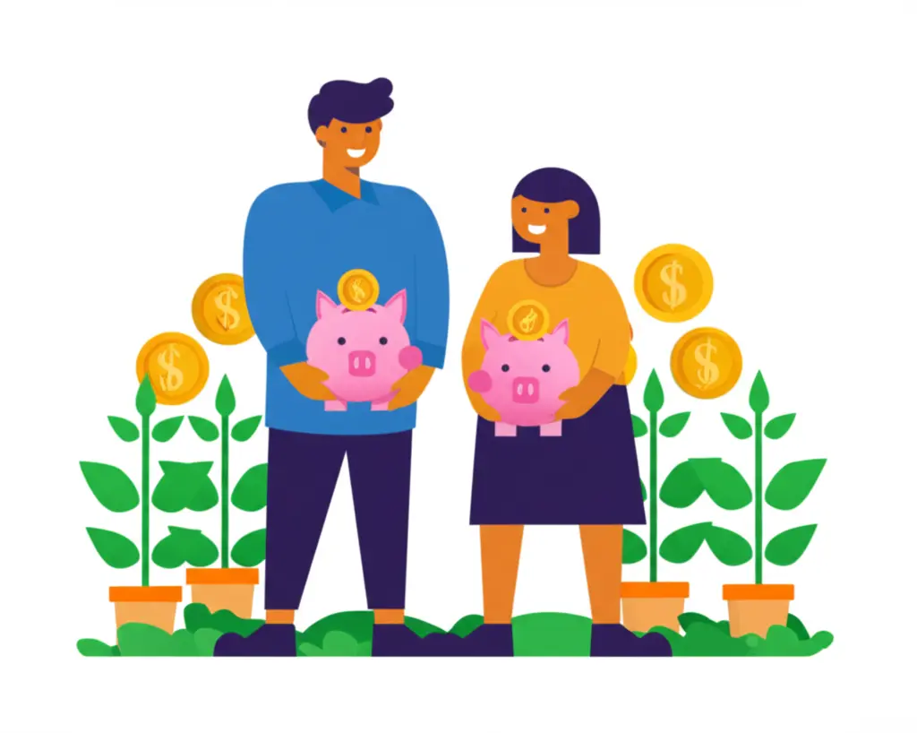 A happy couple holding piggy banks, surrounded by growing money plants.