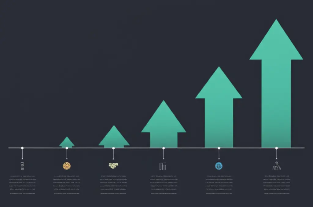 A minimalist illustration showing a timeline of long-term financial account growth with upward trending arrows.
