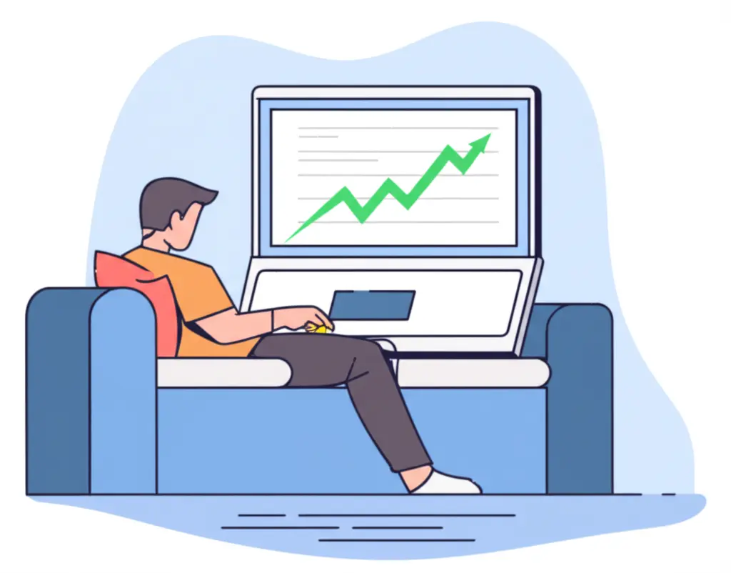 A person relaxing on a sofa, looking at their computer screen, showing a savings graph on the rise