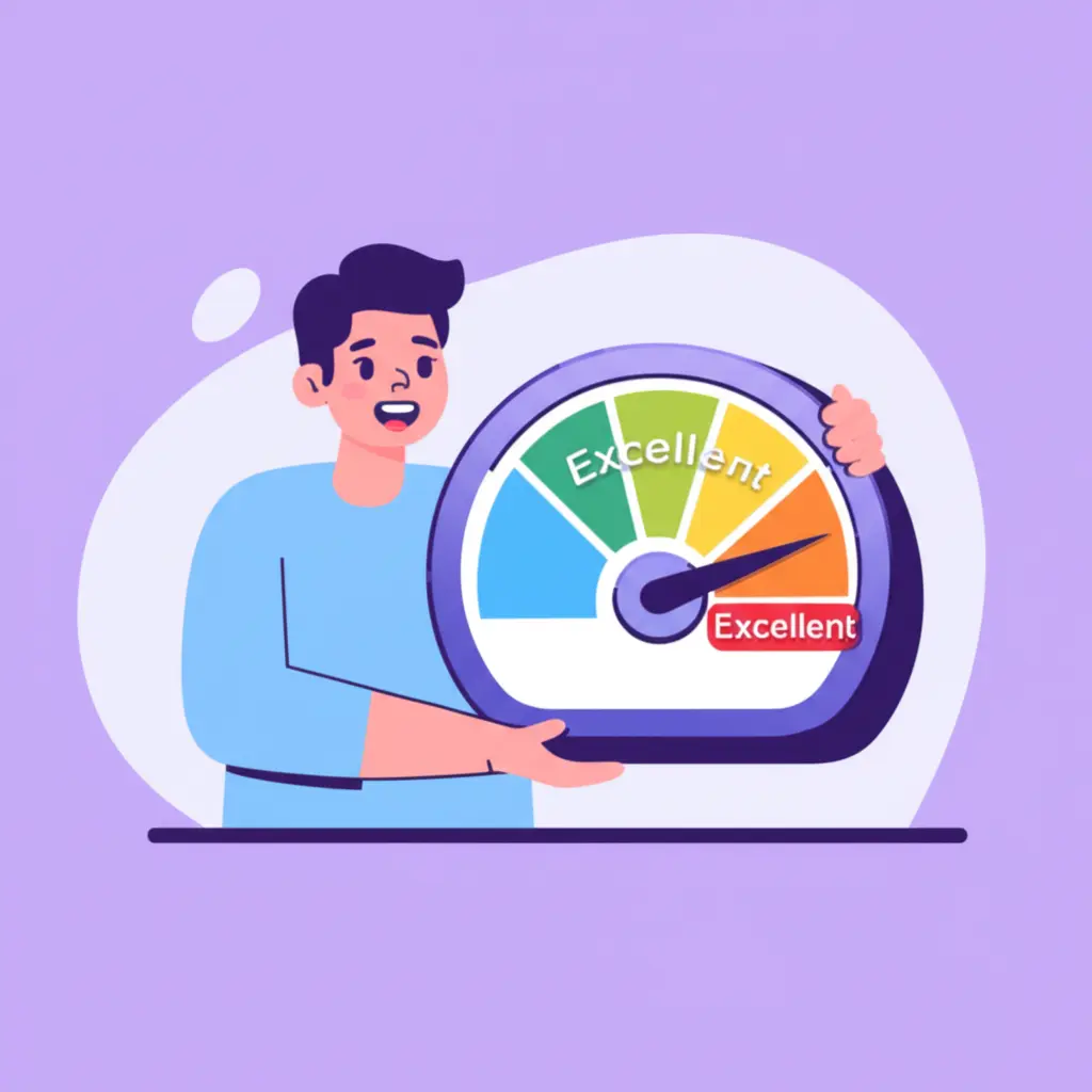 A cartoon depiction of a happy person holding a credit score barometer that points to 'Excellent.'