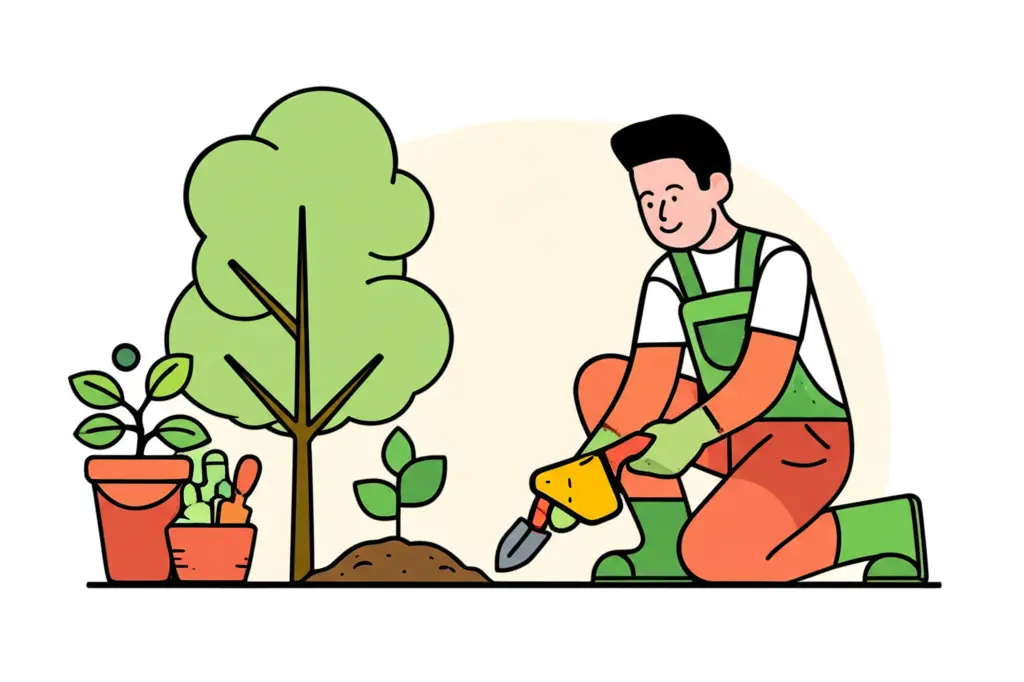 A drawing of a cheerful person gardening, symbolizing pursuing a passion instead of a paycheck.