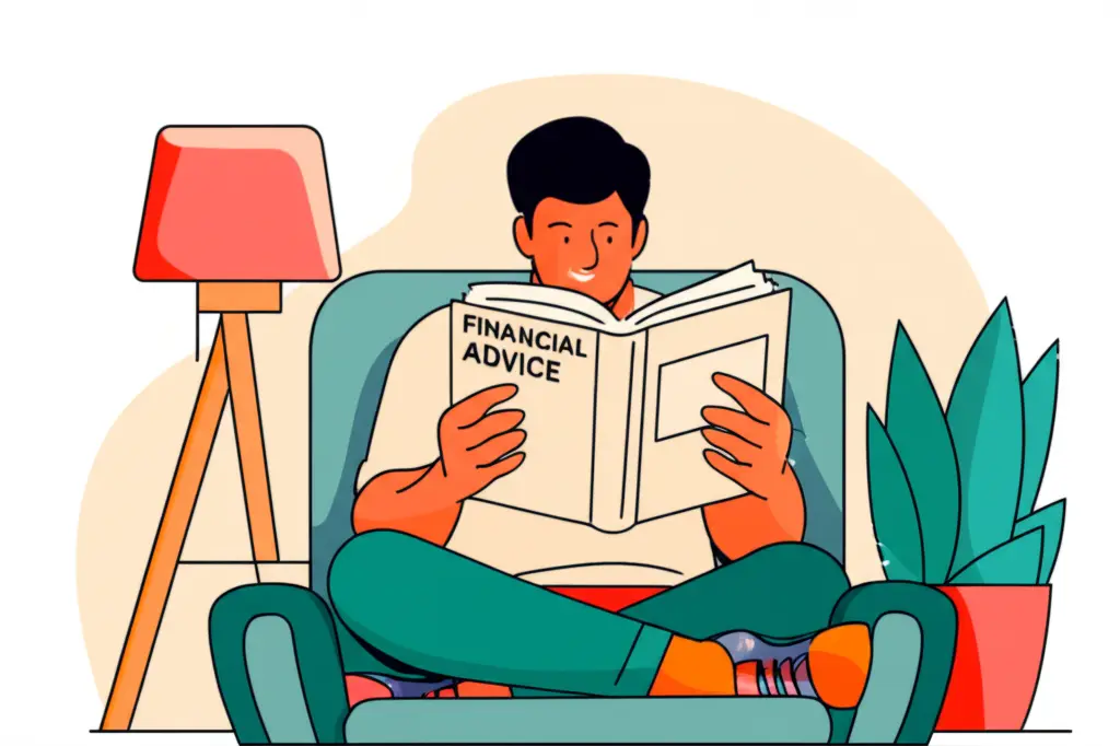 Minimalist drawing of a person reading a financial advice book in a cozy chair.