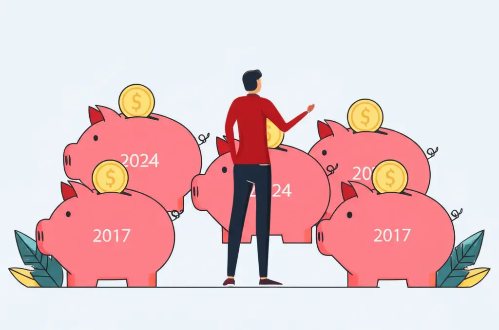 Cartoon image of a person surrounded by piggy banks, each labeled with different years.