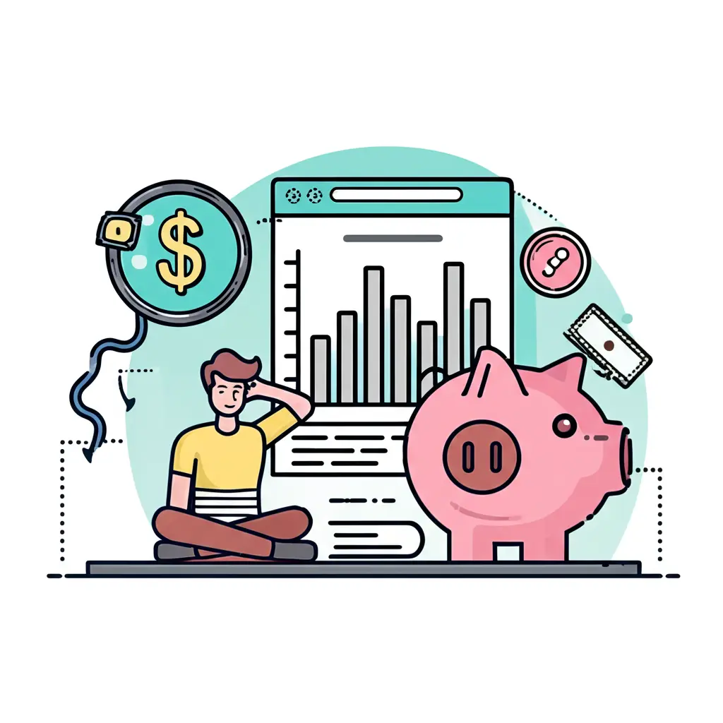 Cartoon image of a person with a piggy bank and savings chart