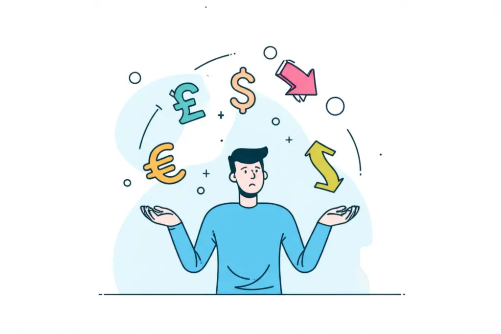 Hand-drawn image of someone juggling different stock symbols