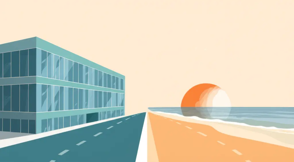 Two paths diverging: one to a 9-to-5 office, the other to a scenic beach.