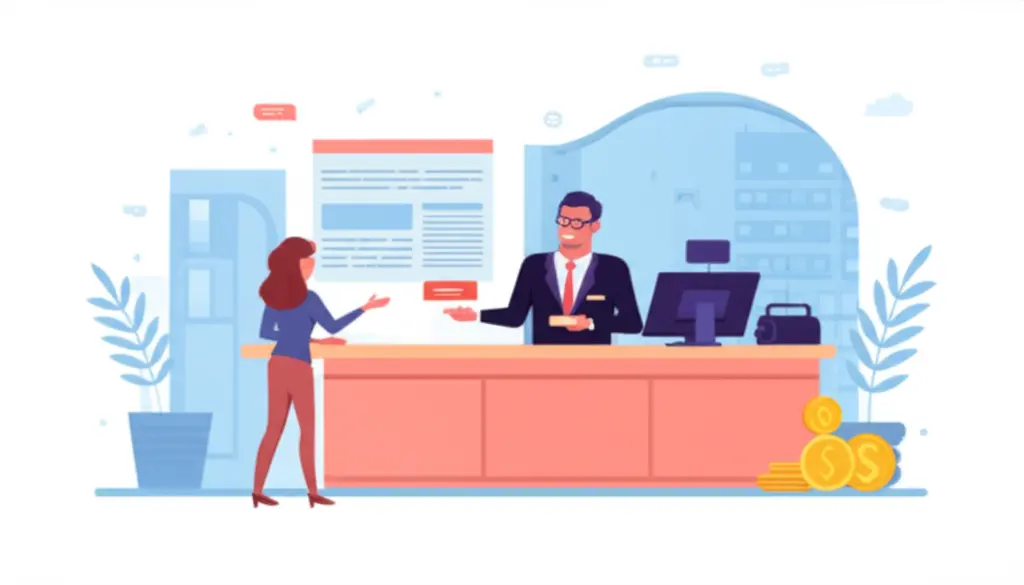 A friendly cartoon bank teller explaining options to a customer about maintaining their old savings account.