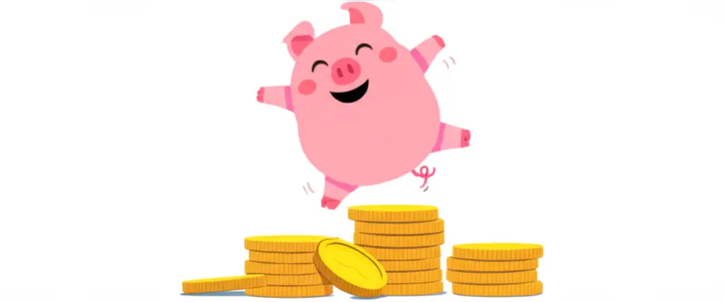 A piggy bank doing a happy dance on a pile of coins