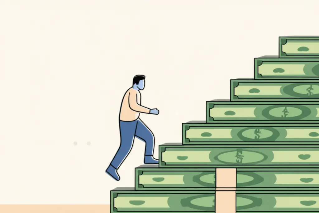 Person climbing a staircase made of dollar bills