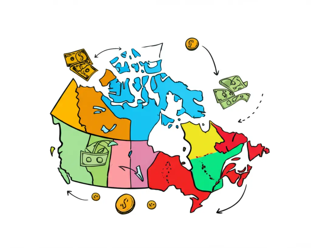 A hand-drawn style map of Canada with financial symbols like coins, dollar bills, and arrows marking various provinces.