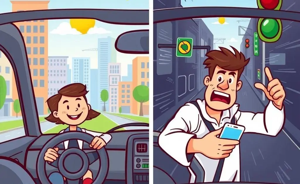 Illustration showing safe vs. dangerous driving behaviors