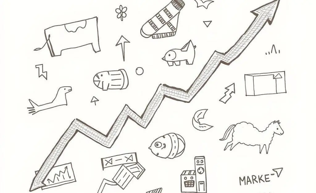 Hand-drawn illustration of various stocks with up and down arrows, illustrating market volatility.