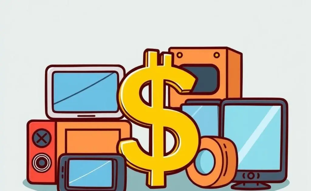 Various electronic devices and a dollar sign, depicting the financial impact of tariffs.