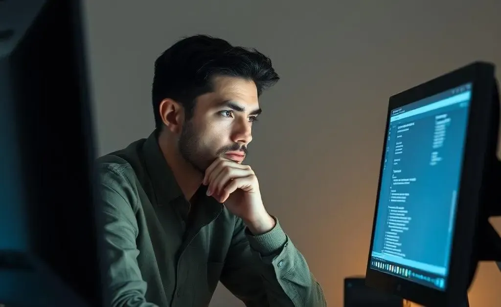 An individual pondering over the impact of updates while looking at a computer screen.