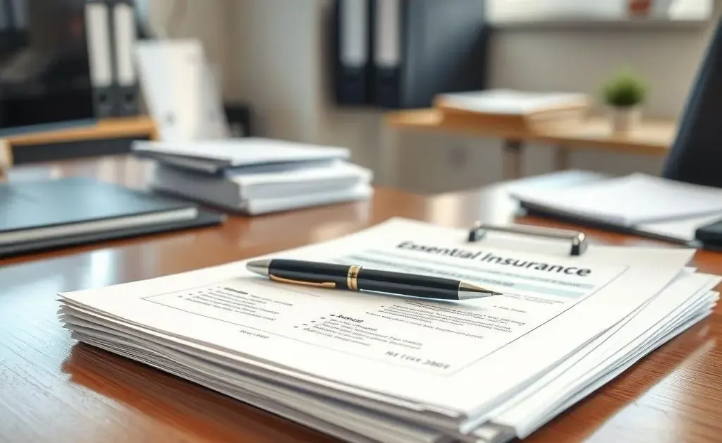 A stack of important insurance documents with a pen on a desk.