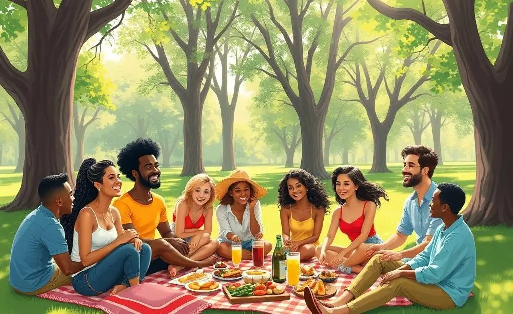 A diverse group of friends enjoying a picnic in a park, showing inclusivity and joy.