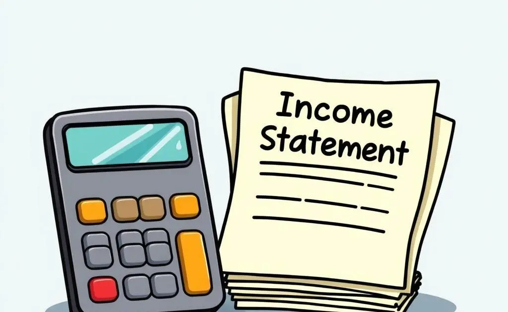 A cartoon-style image of a calculator next to a pile of documents labeled 'Income Statement'.