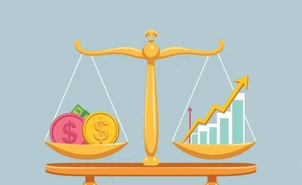 Balanced scale with currency symbols and a graph