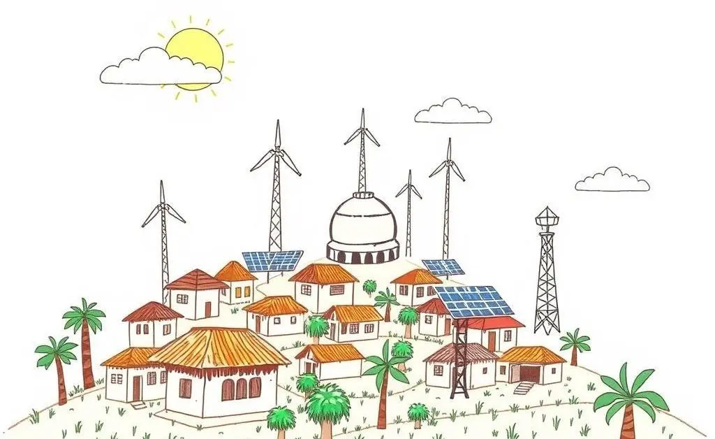 A hand-drawn illustration of renewable energy technologies over a traditional Indian village.