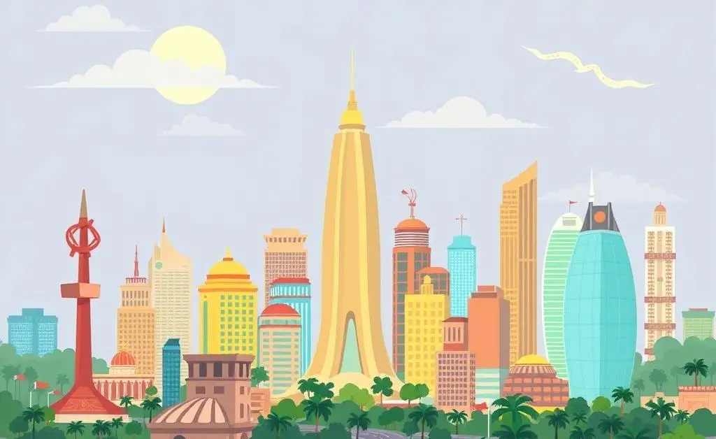 Cartoon-style graphic of an Indian city skyline with tech hubs and biotech laboratories.