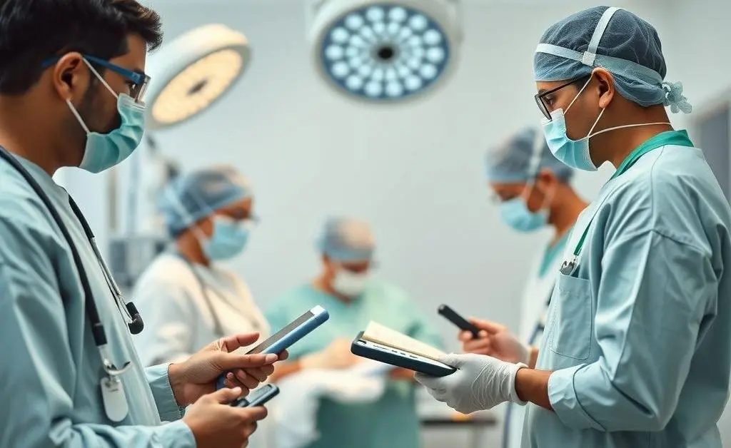Minimalist art of healthcare professionals using technological devices in a modern Indian hospital setting.
