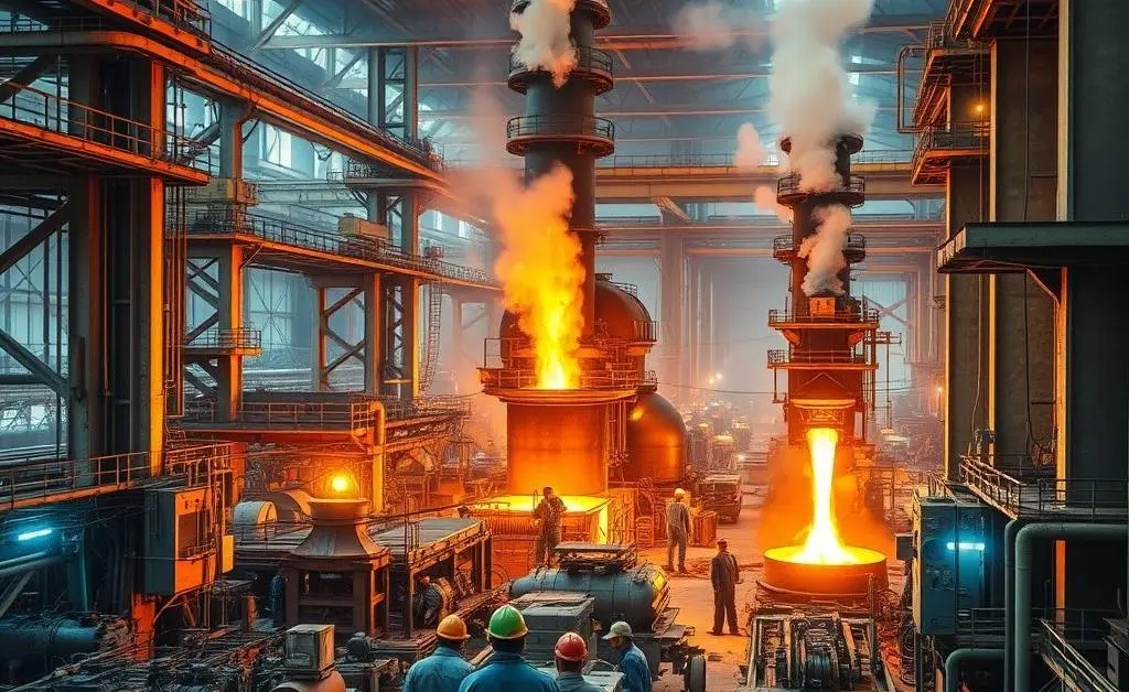 Scene of a bustling Indian steel factory symbolizing export.