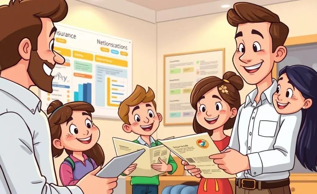 Cartoon-style image of an insurance agent helping a family choose a plan