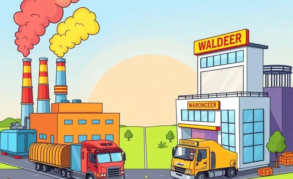 Cartoon-style image showing two factories exchanging goods across a border.