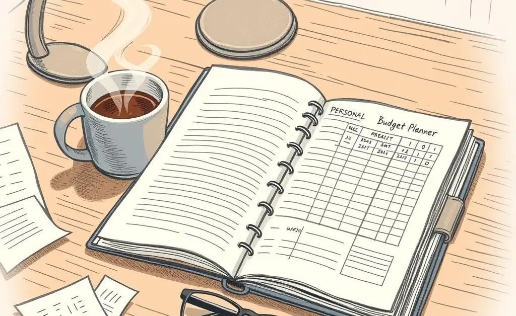 A budgeting planner on a desk with a coffee cup nearby