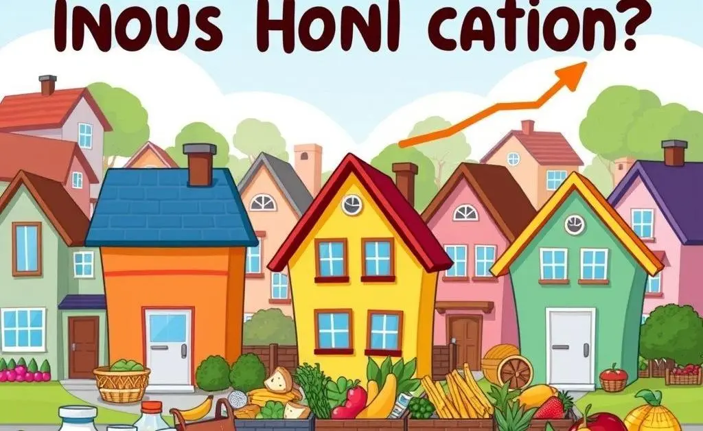 Illustration showing the impact of inflation on household expenses, with cartoon-style houses and grocery items.