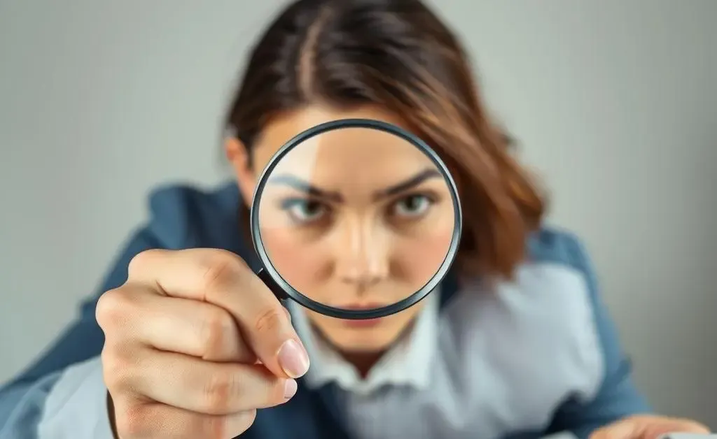 A person holding a magnifying glass over financial papers.