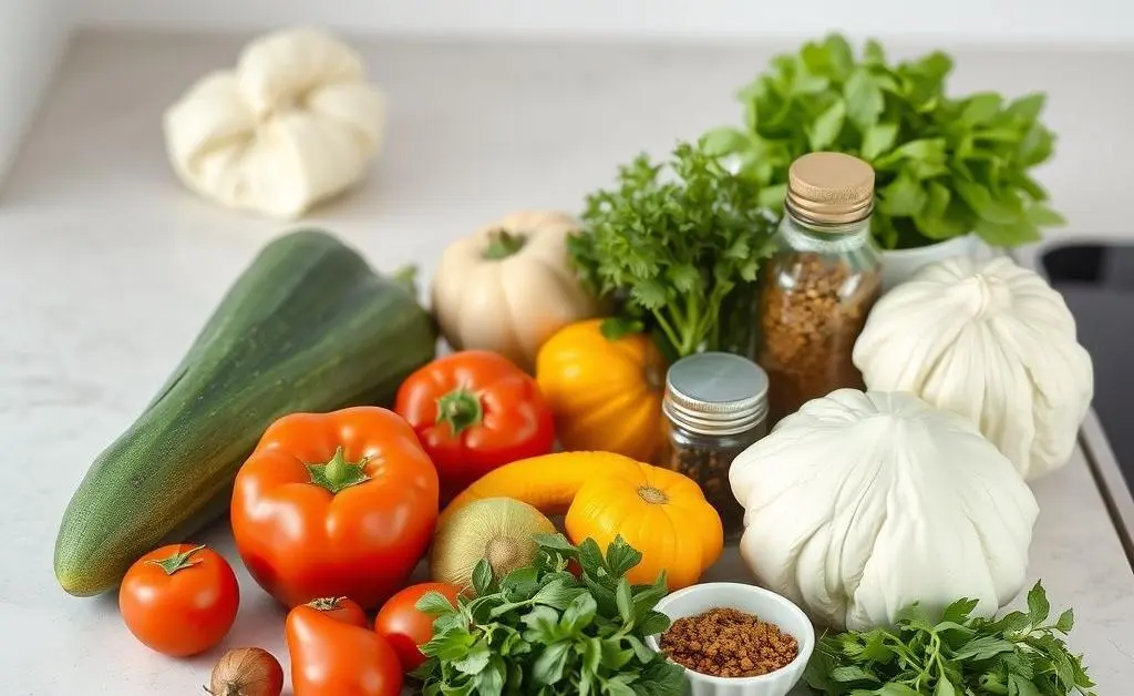 Fresh ingredients like vegetables, herbs, and spices on a kitchen counter.