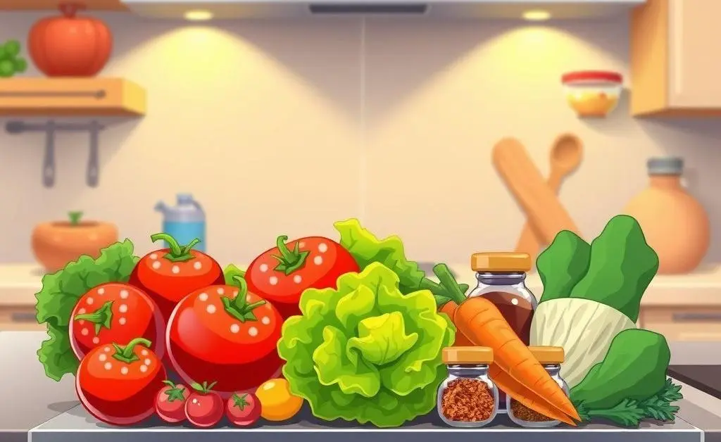 Cartoon-style ingredients neatly prepped on a kitchen countertop