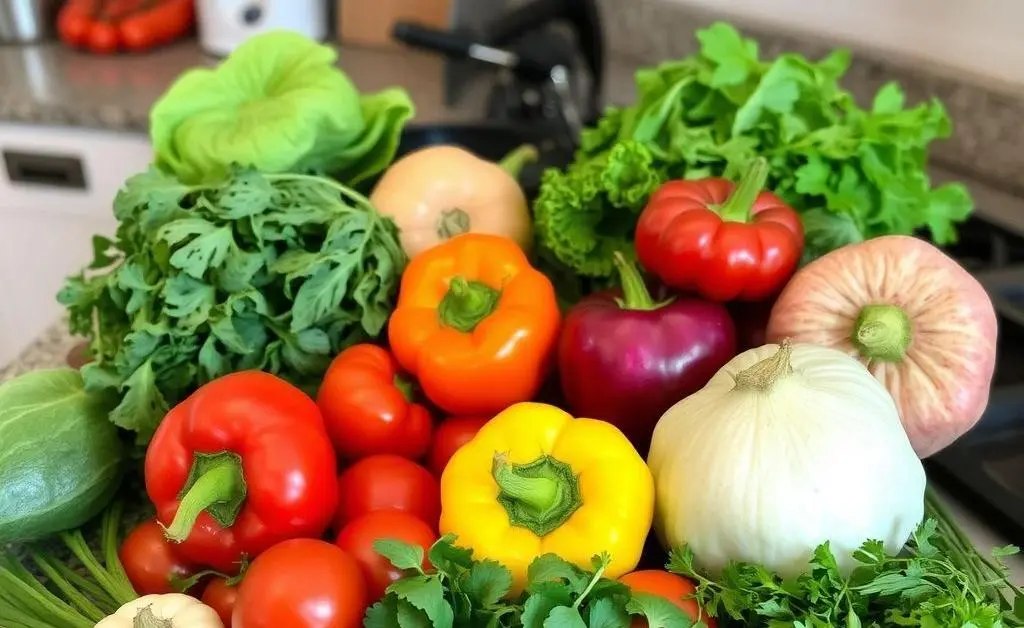 A spread of fresh vegetables and herbs on a kitchen counter.