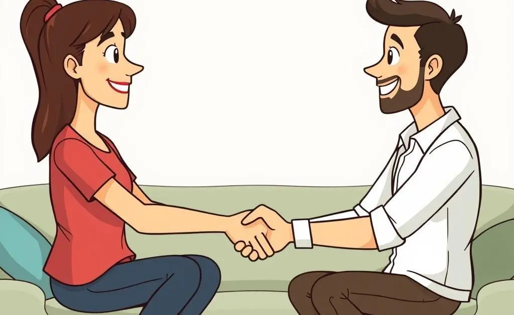 Two people shaking hands in a comfortable setting