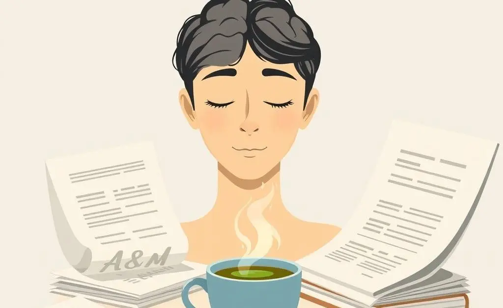Modern minimalist depiction of a calm mind amidst financial documents and a cup of tea.