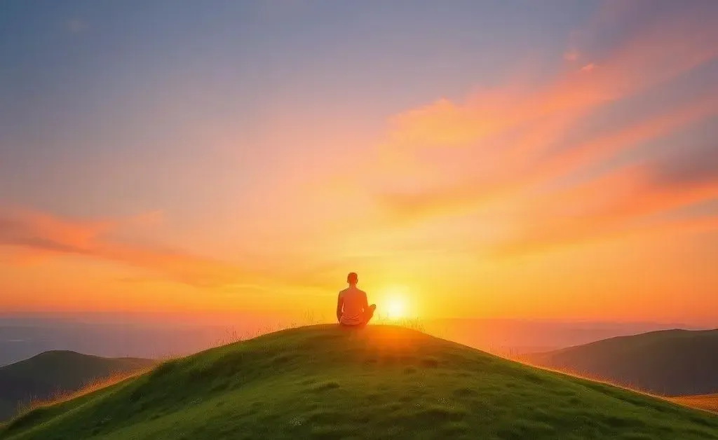 A person at sunrise on a hill, conveying peace.
